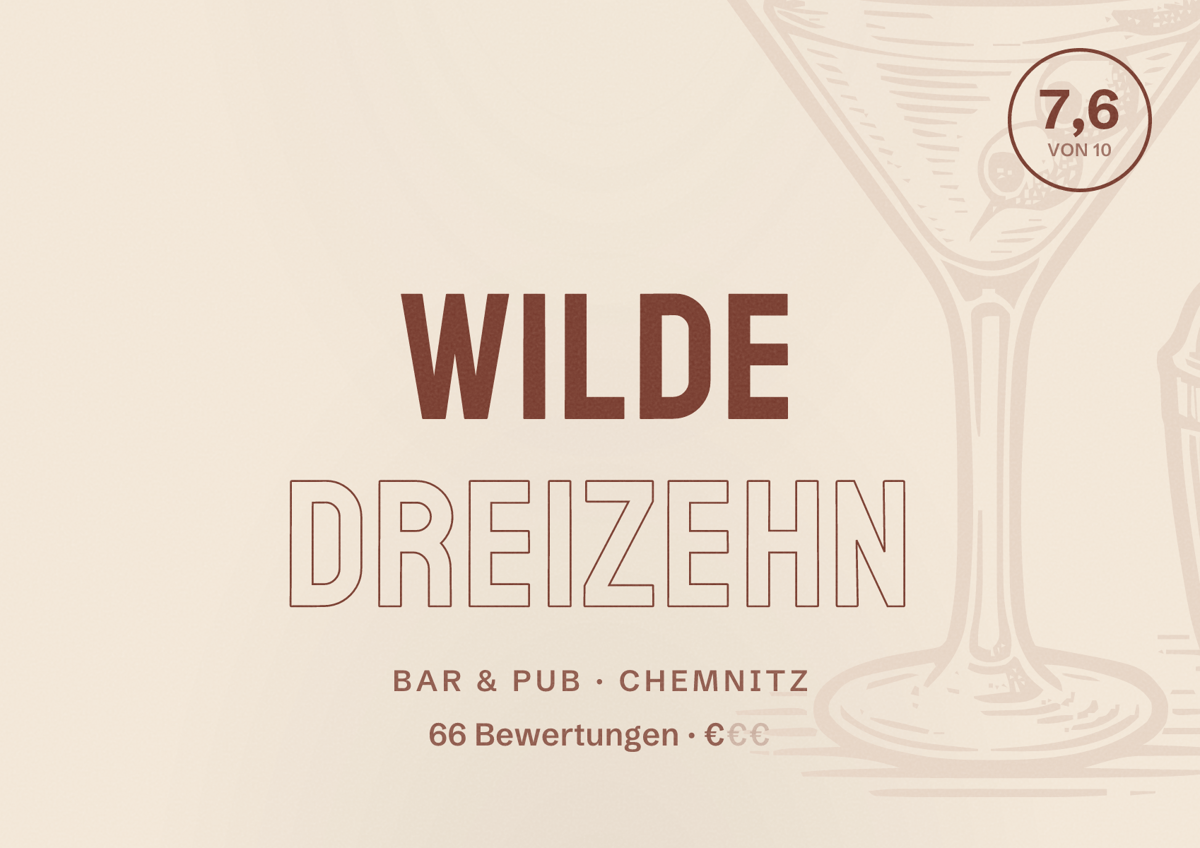 Illustriertes Poster von wilde dreizehn, Bar & Pub in Chemnitz: Bewertung 7,6 von 10 aus 66 Bewertungen, Preisniveau €