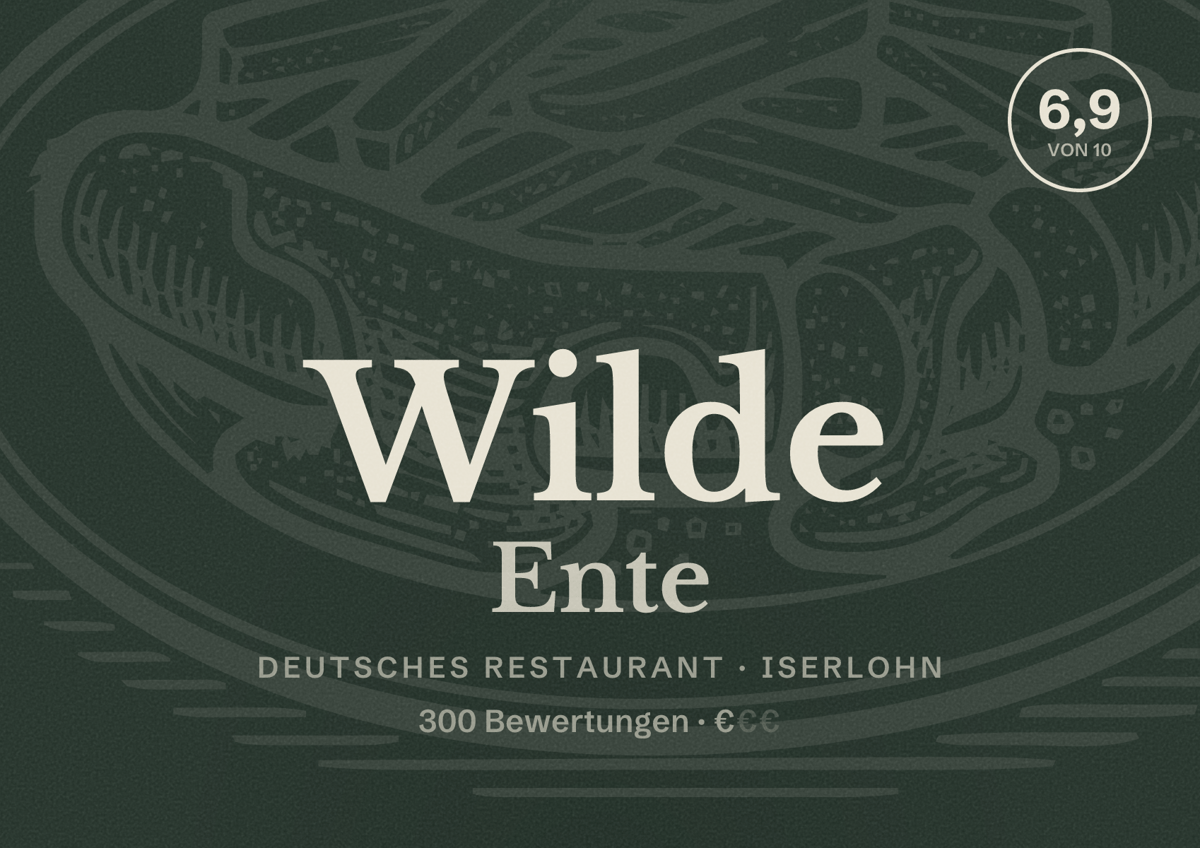 Illustriertes Poster von Wilde Ente, Deutsches Restaurant in Iserlohn: Bewertung 6,9 von 10 aus 300 Bewertungen, Preisniveau €