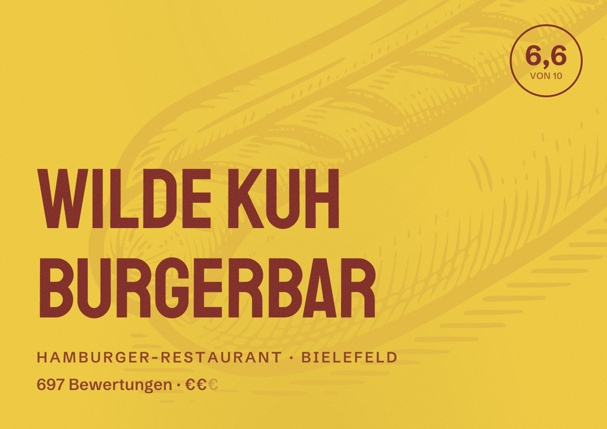 Illustriertes Poster von Wilde Kuh Burgerbar, Hamburger-Restaurant in Bielefeld: Bewertung 6,6 von 10 aus 697 Bewertungen, Preisniveau €€