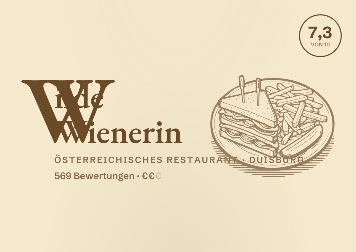 Illustriertes Poster von Wilde Wienerin, Österreichisches Restaurant in Duisburg: Bewertung 7,3 von 10 aus 569 Bewertungen, Preisniveau €€