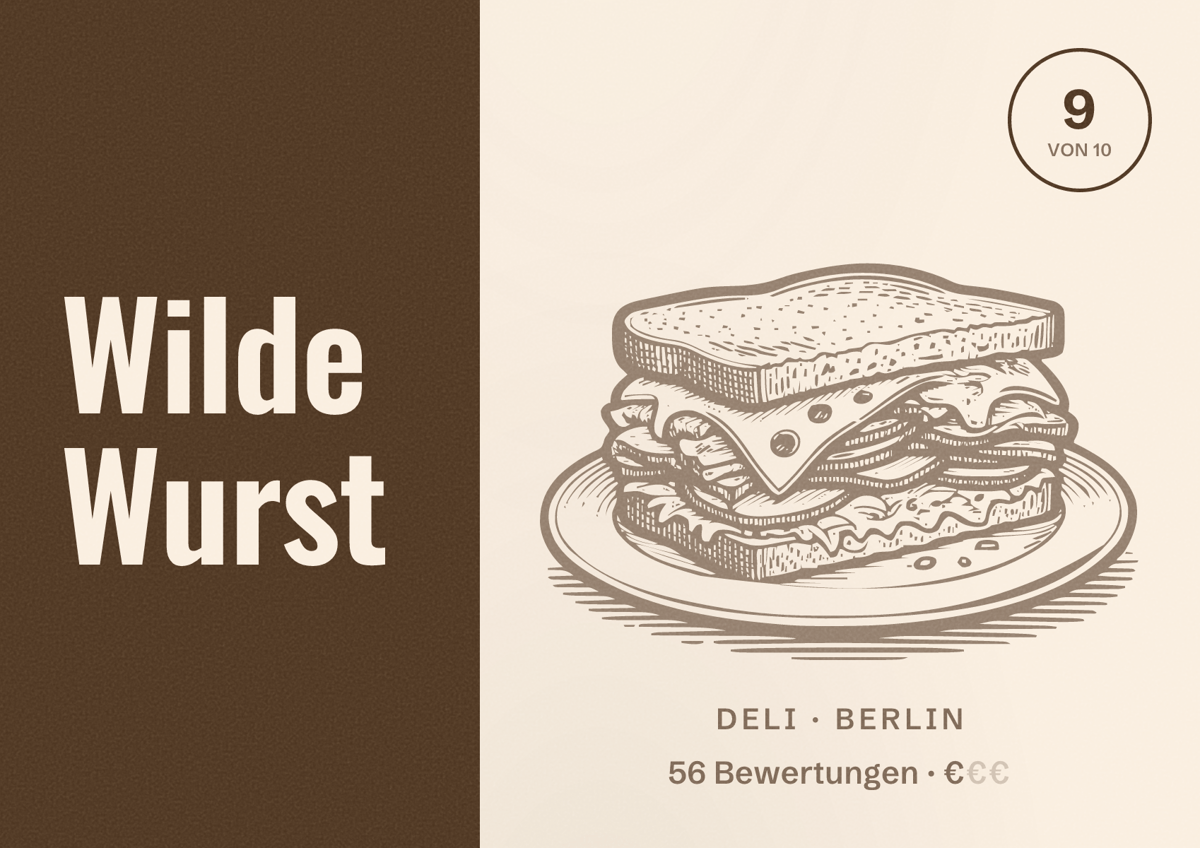 Illustriertes Poster von Wilde Wurst, Deli in Berlin: Bewertung 9,0 von 10 aus 56 Bewertungen, Preisniveau €