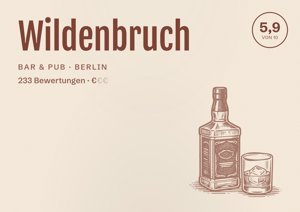 Illustriertes Poster von Wildenbruch, Bar & Pub in Berlin: Bewertung 5,9 von 10 aus 233 Bewertungen, Preisniveau €