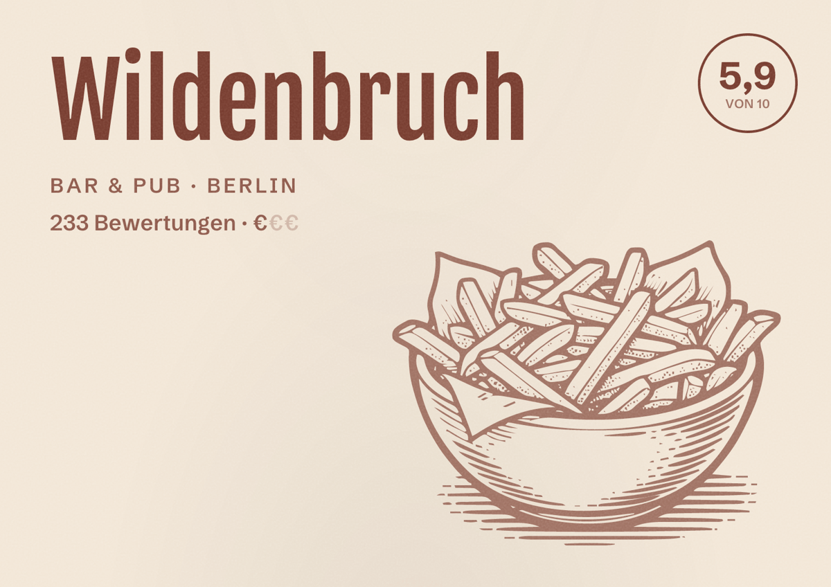 Illustriertes Poster von Wildenbruch, Bar & Pub in Berlin: Bewertung 5,9 von 10 aus 233 Bewertungen, Preisniveau €