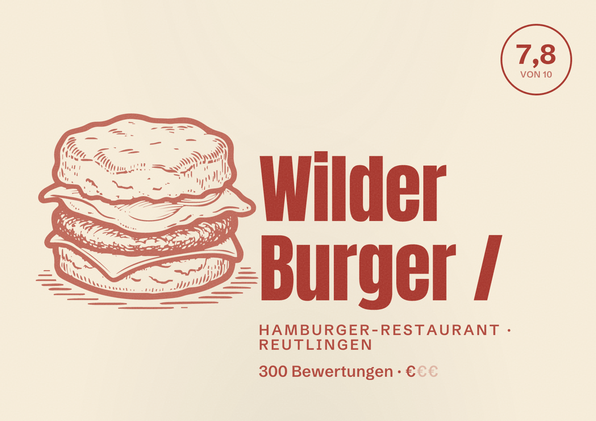 Illustriertes Poster von Wilder Burger /, Hamburger-Restaurant in Reutlingen: Bewertung 7,8 von 10 aus 300 Bewertungen, Preisniveau €