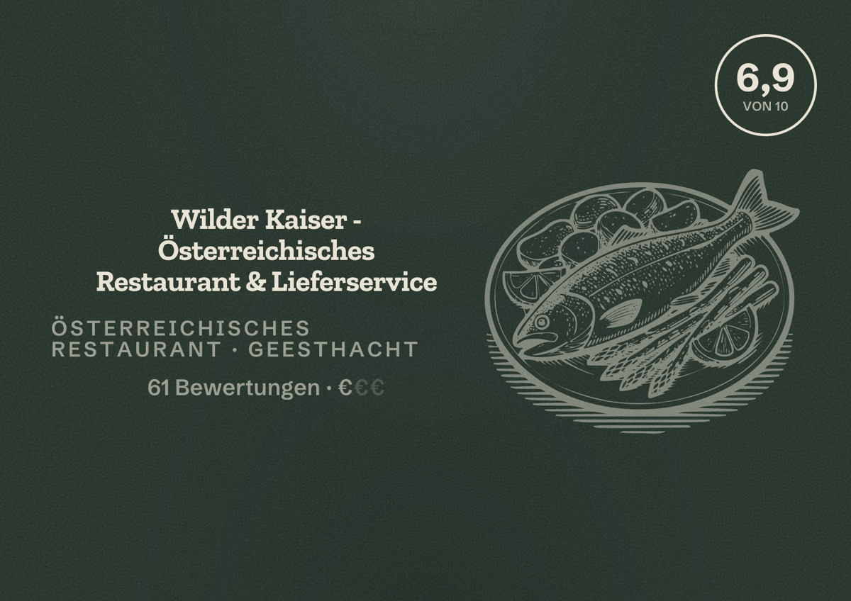 Illustriertes Poster von Wilder Kaiser - Österreichisches Restaurant & Lieferservice, Österreichisches Restaurant in Geesthacht: Bewertung 6,9 von 10 aus 61 Bewertungen, Preisniveau €