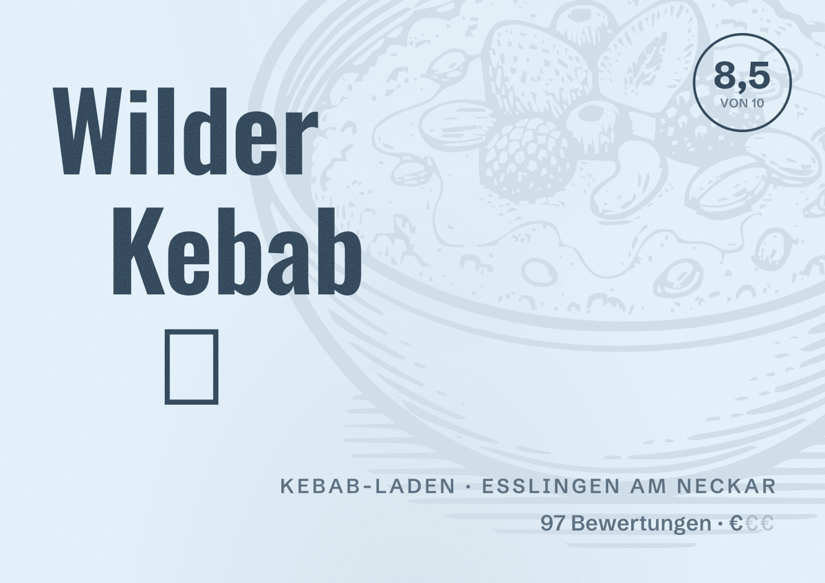 Illustriertes Poster von Wilder Kebab 🥙, Kebab-Laden in Esslingen am Neckar: Bewertung 8,5 von 10 aus 97 Bewertungen, Preisniveau €
