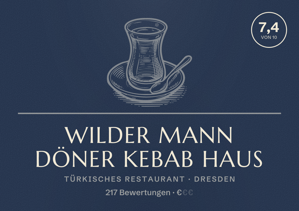 Illustriertes Poster von Wilder Mann Döner Kebab Haus, Türkisches Restaurant in Dresden: Gästebewertung 7,4 von 10 aus 217 Bewertungen