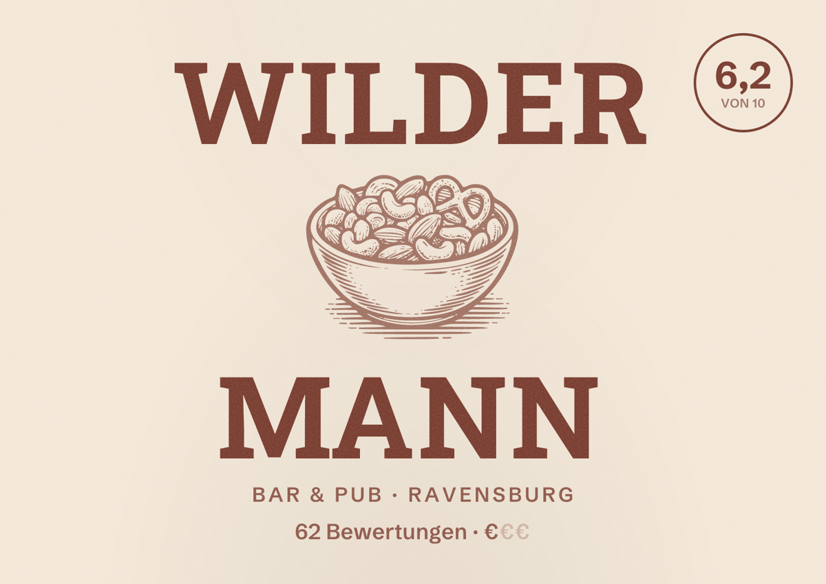Illustriertes Poster von Wilder Mann, Bar & Pub in Ravensburg: Bewertung 6,2 von 10 aus 62 Bewertungen, Preisniveau €