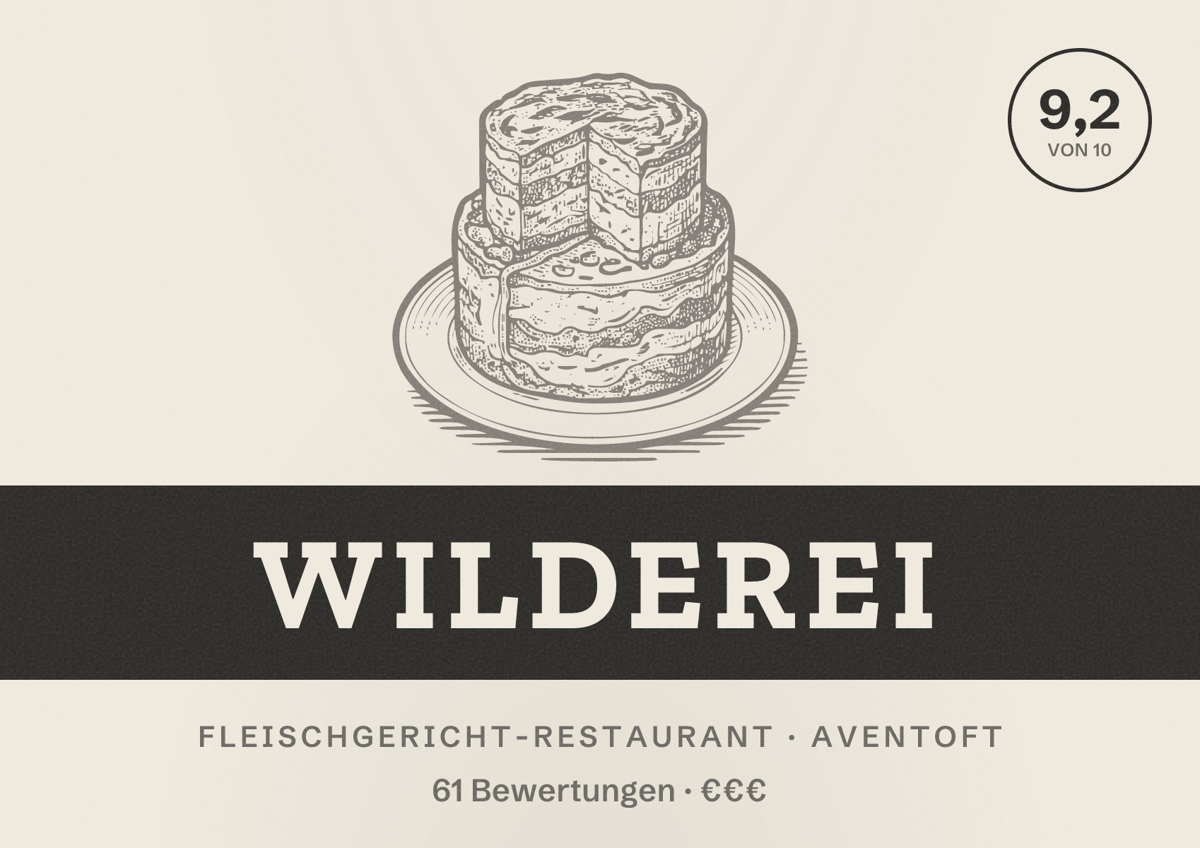 Illustriertes Poster von Wilderei, Fleischgericht-Restaurant in Aventoft: Bewertung 9,2 von 10 aus 61 Bewertungen, Preisniveau €€€