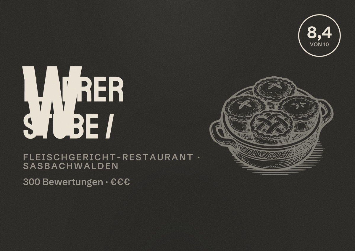 Illustriertes Poster von Wilderer Stube /, Fleischgericht-Restaurant in Sasbachwalden: Bewertung 8,4 von 10 aus 300 Bewertungen, Preisniveau €€€