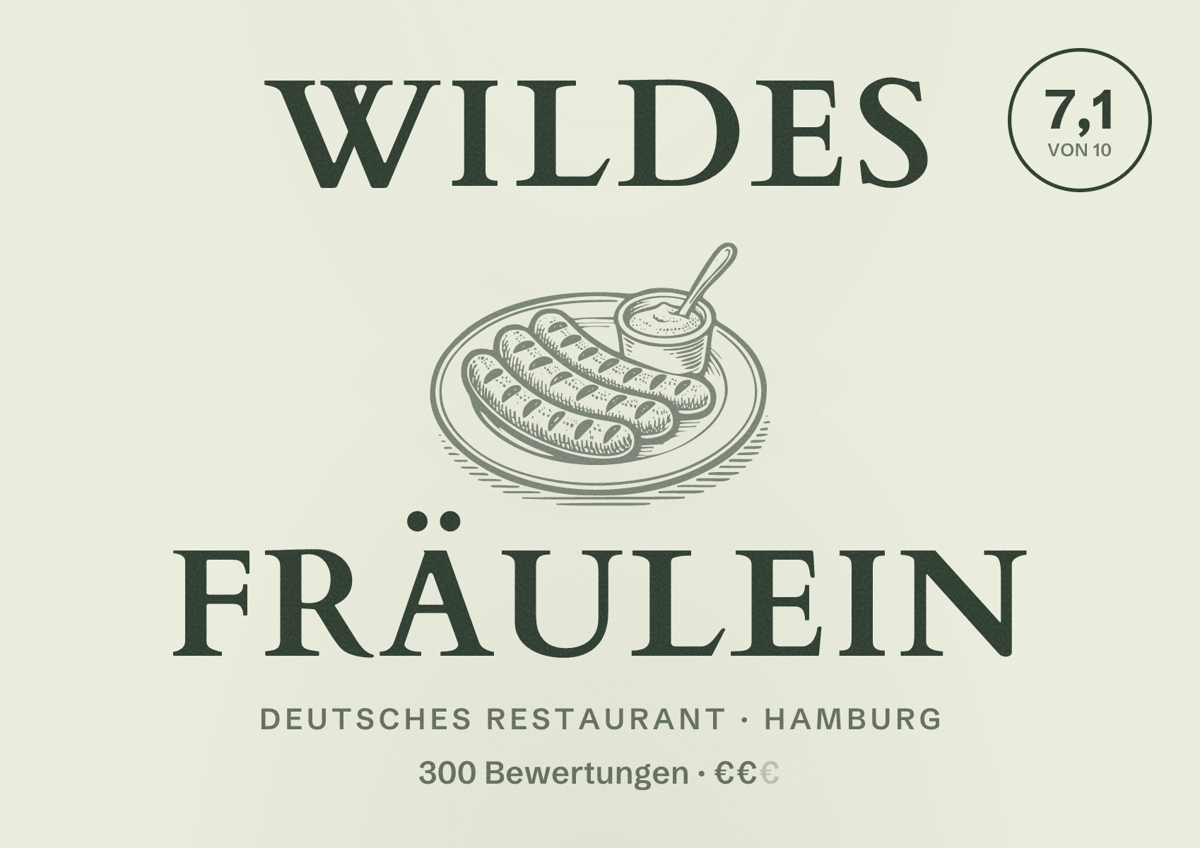 Illustriertes Poster von Wildes Fräulein, Deutsches Restaurant in Hamburg: Bewertung 7,1 von 10 aus 300 Bewertungen, Preisniveau €€