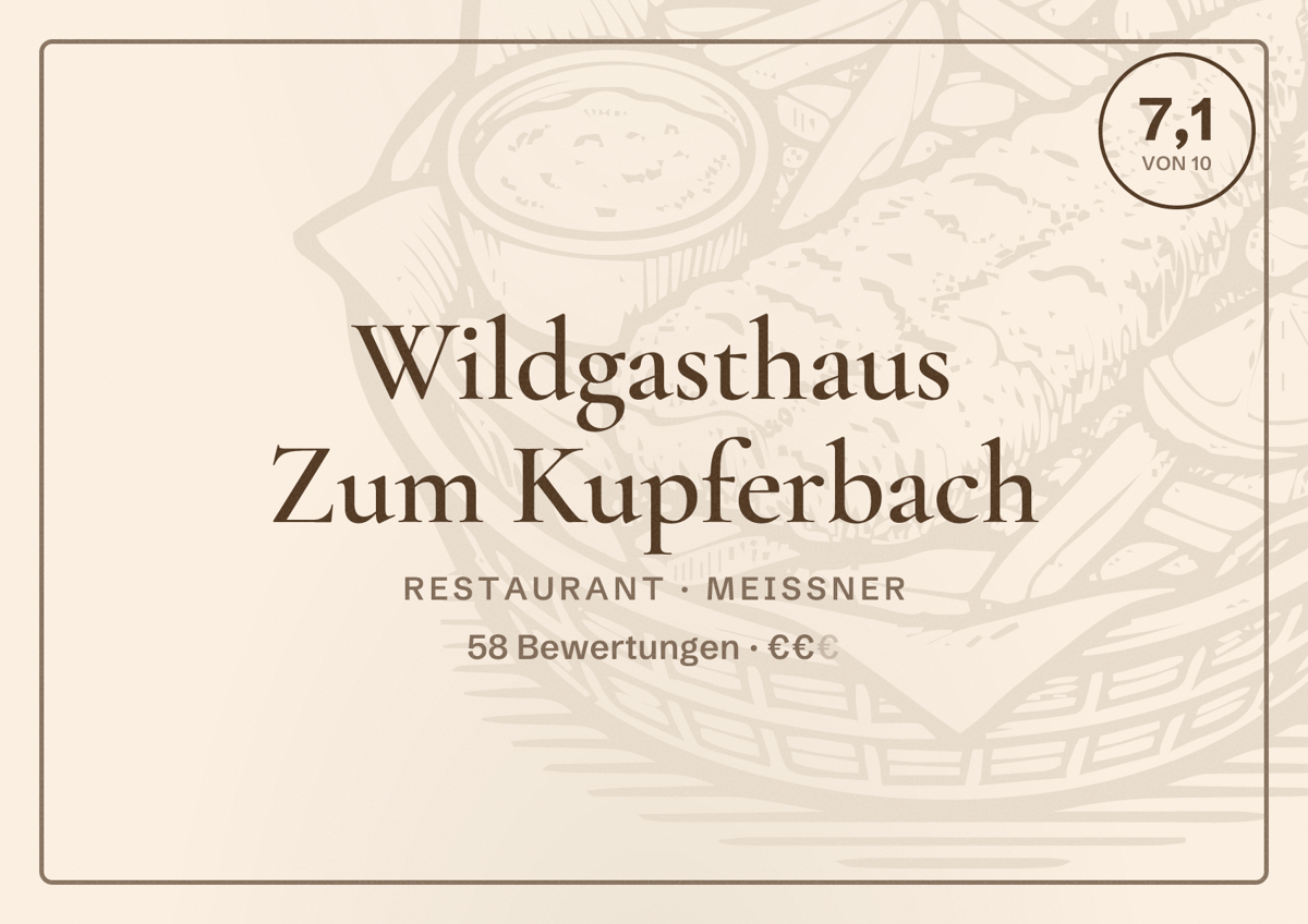 Illustriertes Poster von Wildgasthaus Zum Kupferbach, Restaurant in Meißner: Bewertung 7,1 von 10 aus 58 Bewertungen, Preisniveau €€