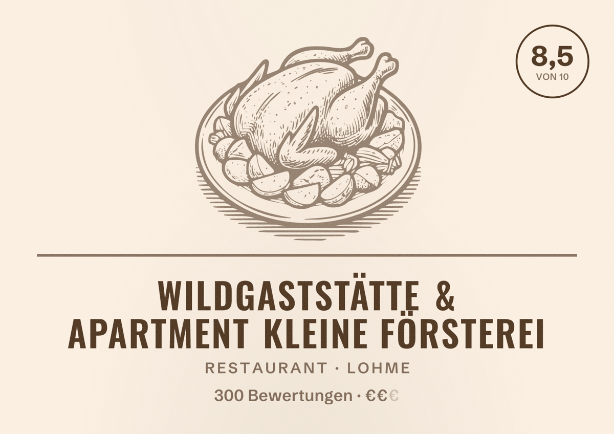 Illustriertes Poster von Wildgaststätte & Apartment Kleine Försterei, Restaurant in Lohme: Bewertung 8,5 von 10 aus 300 Bewertungen, Preisniveau €€