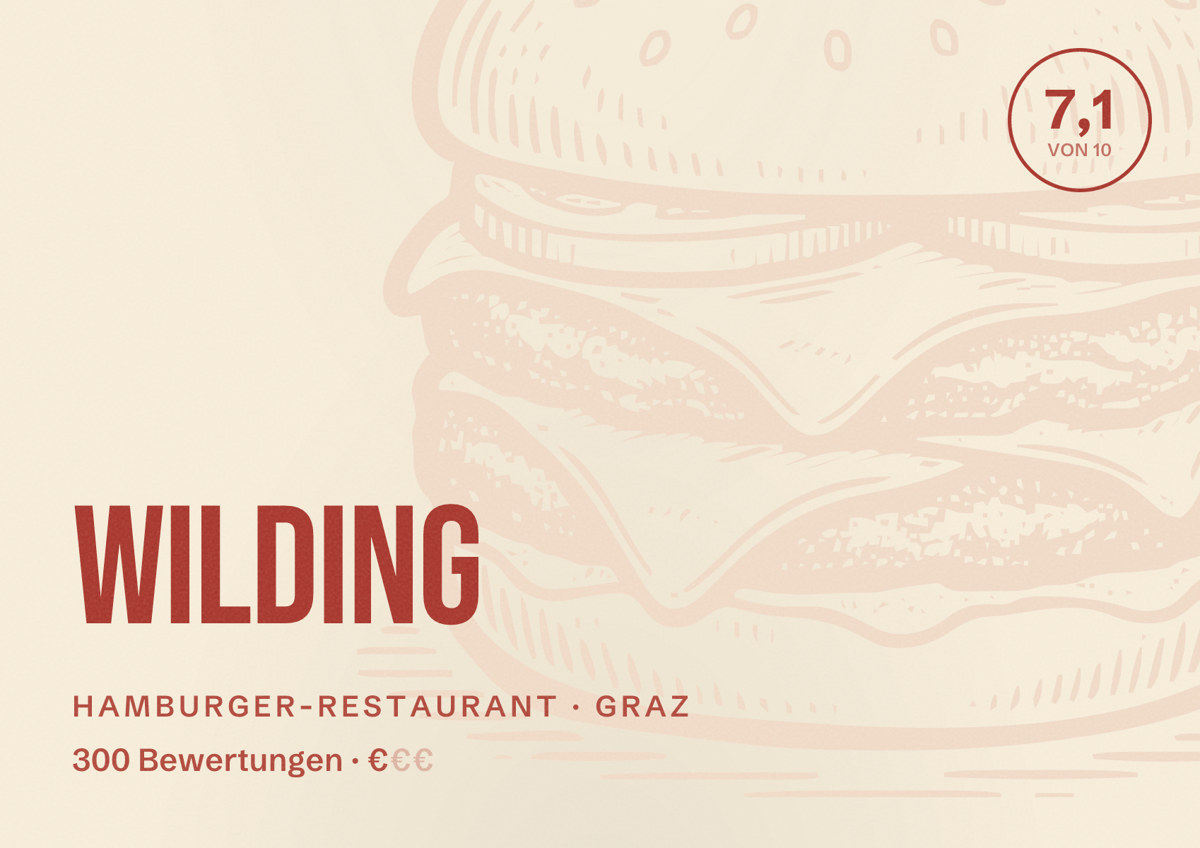 Illustriertes Poster von WILDING, Hamburger-Restaurant in Graz: Bewertung 7,1 von 10 aus 300 Bewertungen, Preisniveau €