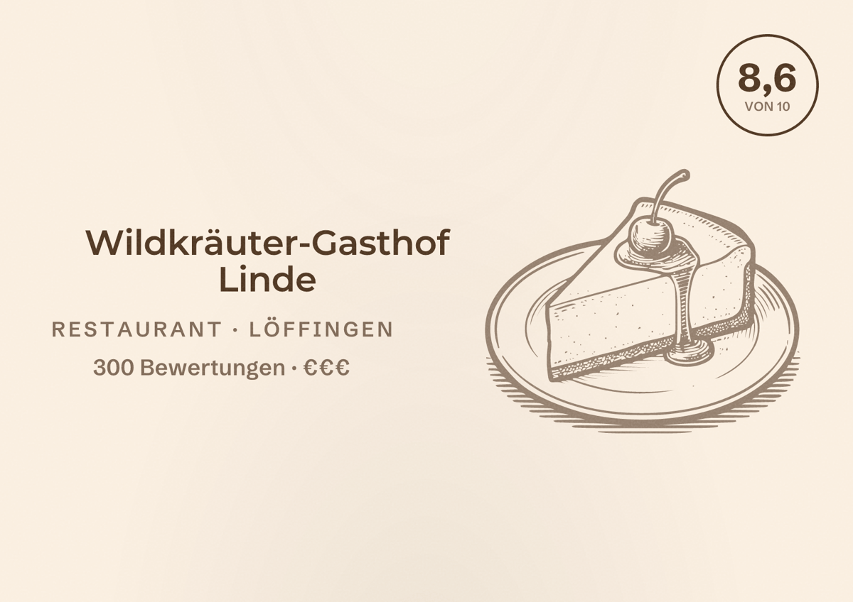 Illustriertes Poster von Wildkräuter-Gasthof Linde, Restaurant in Löffingen: Bewertung 8,6 von 10 aus 300 Bewertungen, Preisniveau €€€
