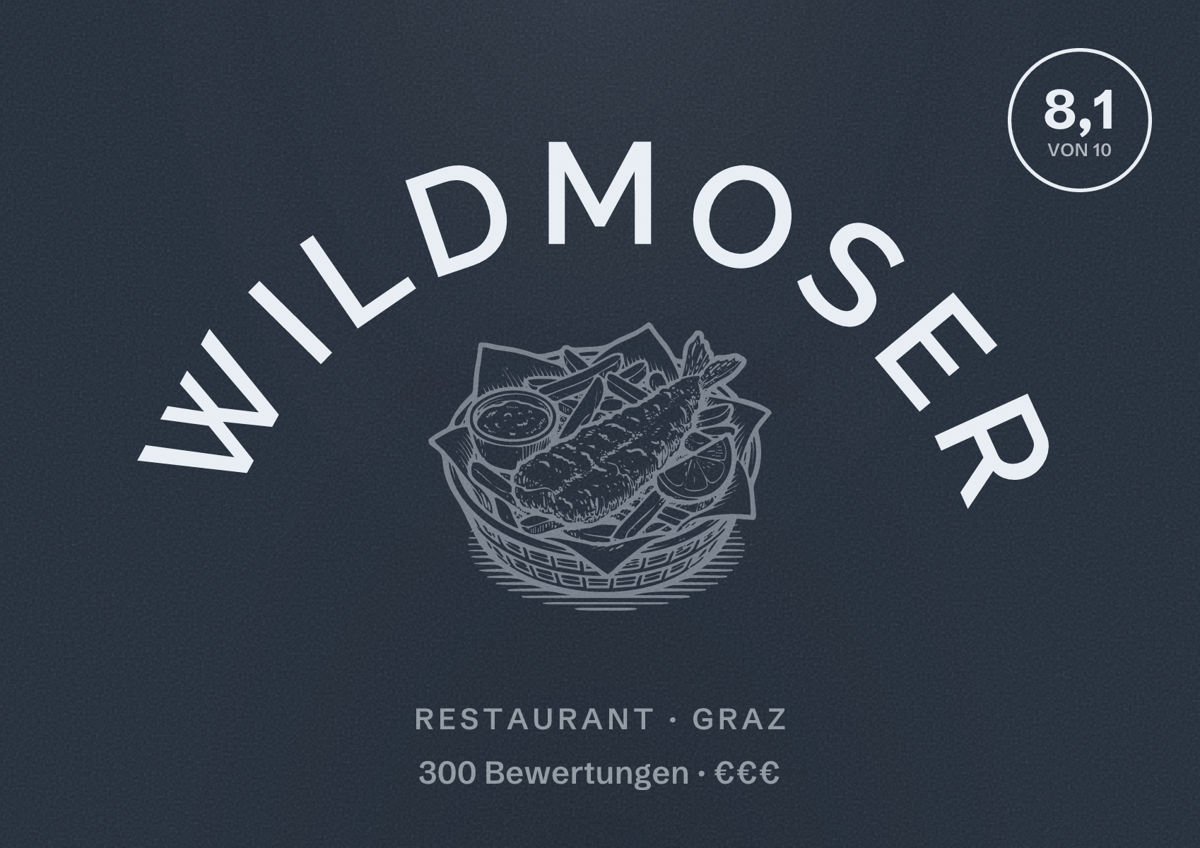 Illustriertes Poster von Wildmoser, Restaurant in Graz: Bewertung 8,1 von 10 aus 300 Bewertungen, Preisniveau €€€