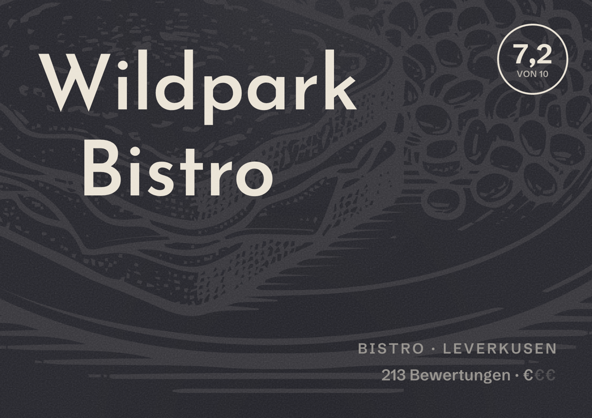 Illustriertes Poster von Wildpark Bistro, Bistro in Leverkusen: Bewertung 7,2 von 10 aus 213 Bewertungen, Preisniveau €