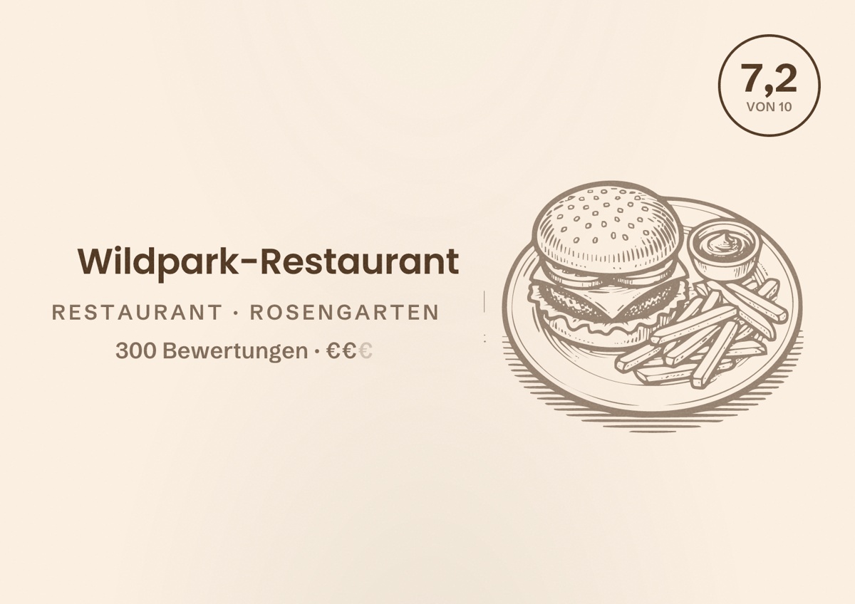 Illustriertes Poster von Wildpark-Restaurant, Restaurant in Rosengarten: Bewertung 7,2 von 10 aus 300 Bewertungen, Preisniveau €€