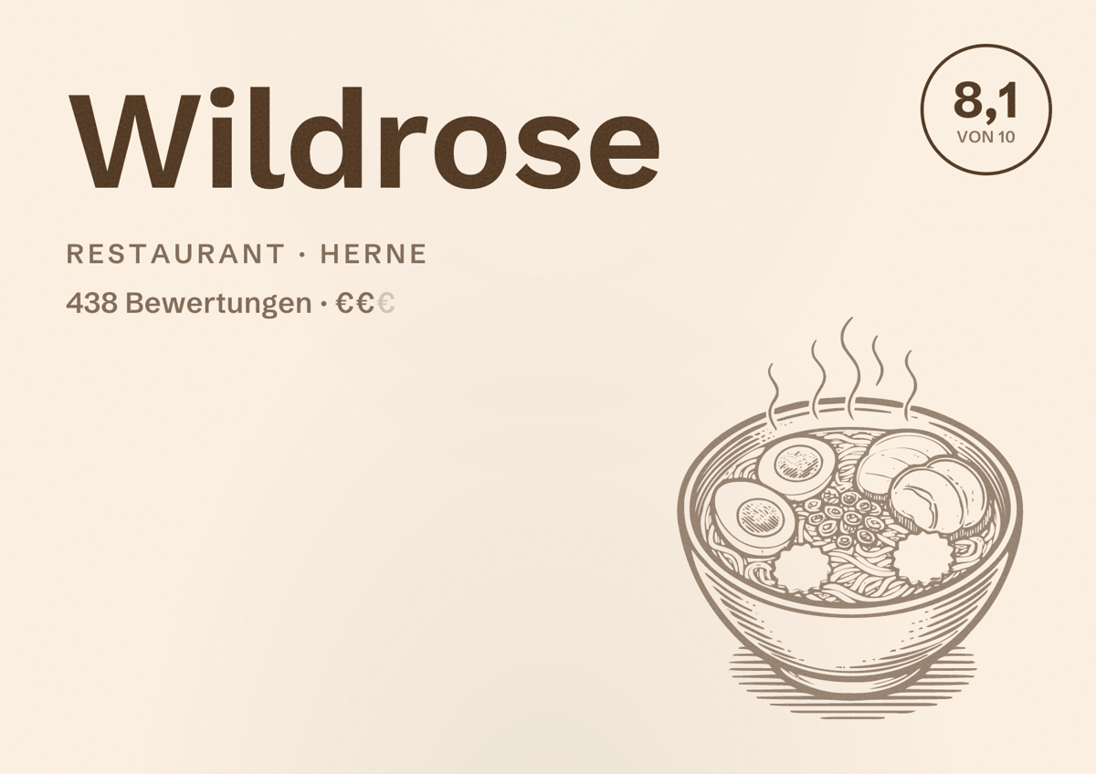 Illustriertes Poster von Wildrose, Restaurant in Herne: Bewertung 8,1 von 10 aus 438 Bewertungen, Preisniveau €€
