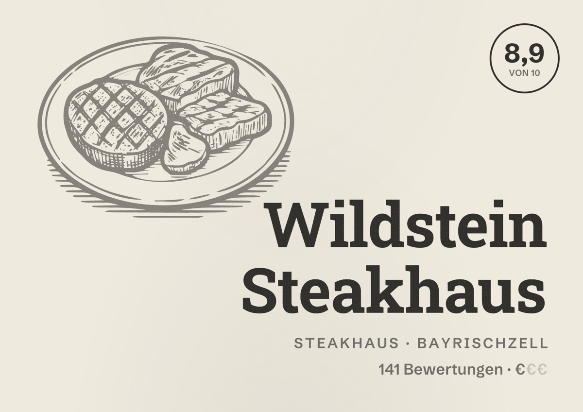 Illustriertes Poster von Wildstein Steakhaus, Steakhaus in Bayrischzell: Bewertung 8,9 von 10 aus 141 Bewertungen, Preisniveau €