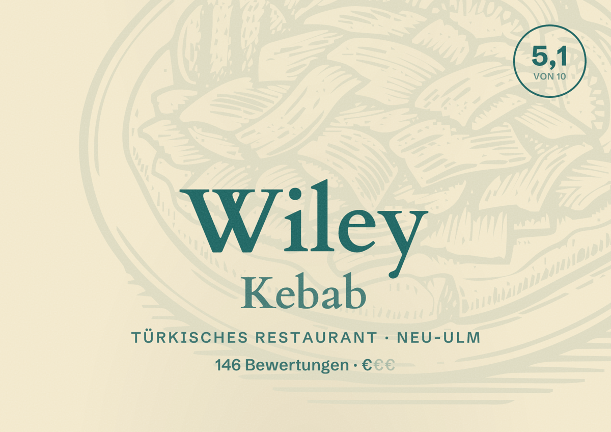 Illustriertes Poster von Wiley Kebab, Türkisches Restaurant in Neu-Ulm: Bewertung 5,1 von 10 aus 146 Bewertungen, Preisniveau €