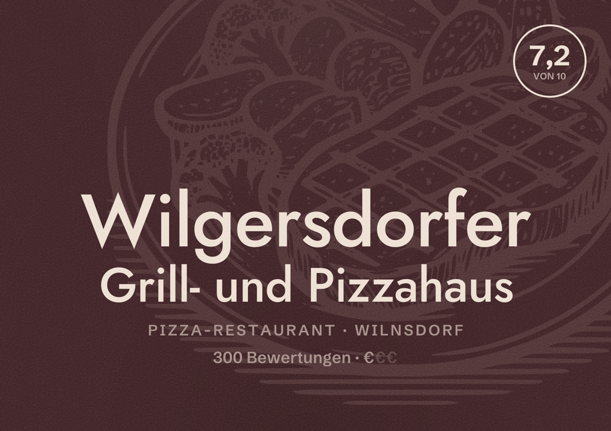 Illustriertes Poster von Wilgersdorfer Grill- und Pizzahaus, Pizza-Restaurant in Wilnsdorf: Bewertung 7,2 von 10 aus 300 Bewertungen, Preisniveau €