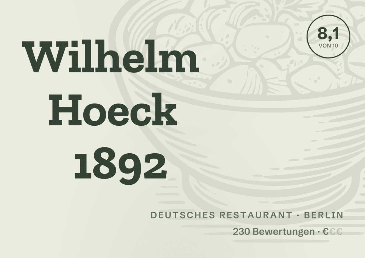 Illustriertes Poster von Wilhelm Hoeck 1892, Deutsches Restaurant in Berlin: Bewertung 8,1 von 10 aus 230 Bewertungen, Preisniveau €