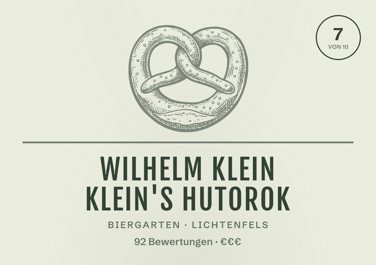 Illustriertes Poster von Wilhelm Klein Klein's Hutorok, Biergarten in Lichtenfels: Bewertung 7 von 10 aus 92 Bewertungen, Preisniveau €€€