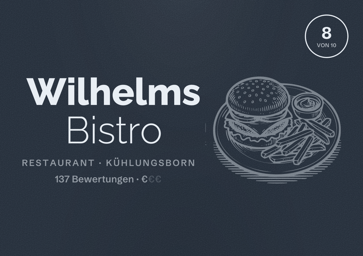 Illustriertes Poster von Wilhelms Bistro, Restaurant in Kühlungsborn: Bewertung 8 von 10 aus 137 Bewertungen, Preisniveau €
