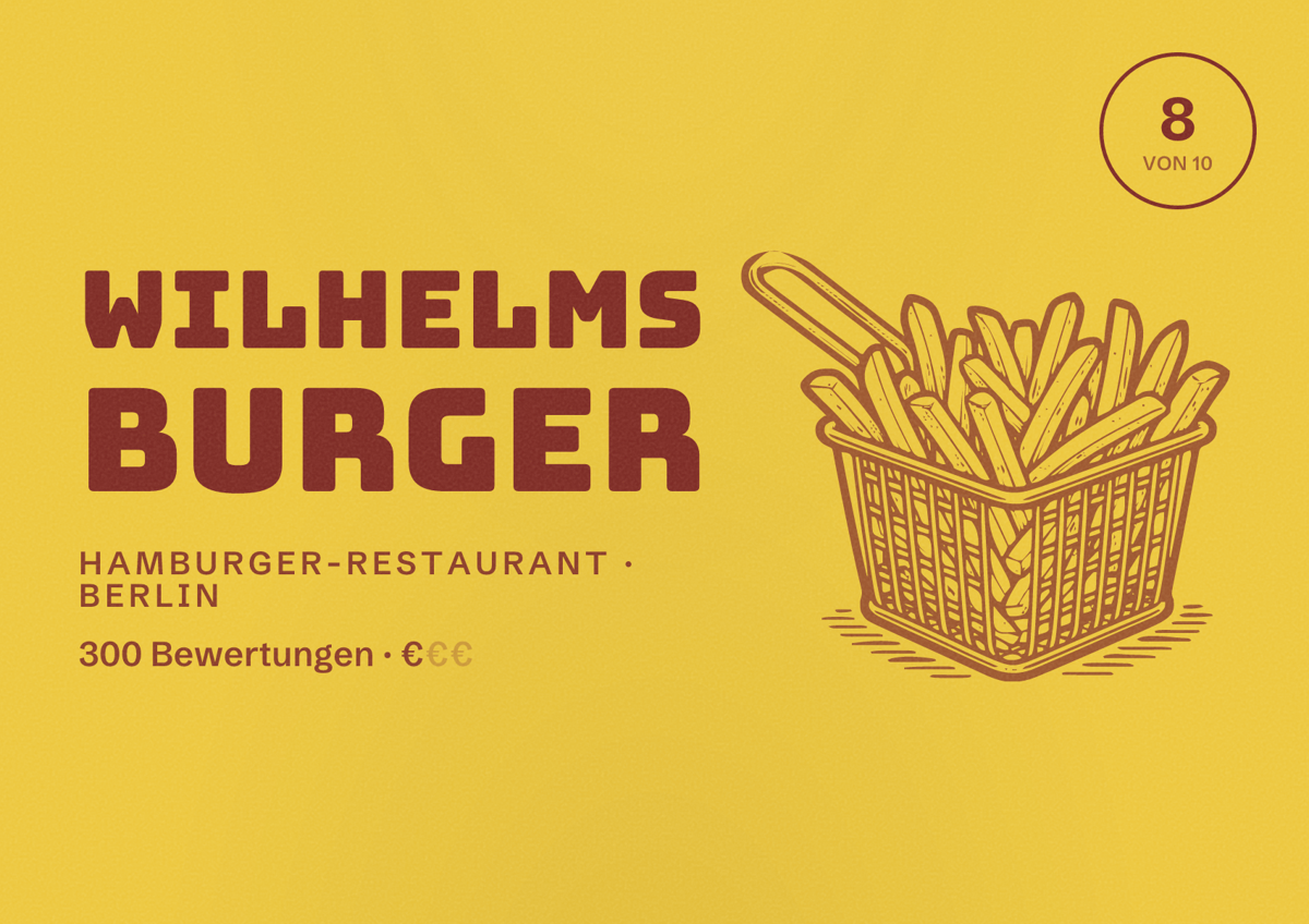 Illustriertes Poster von Wilhelms Burger, Hamburger-Restaurant in Berlin: Bewertung 8,0 von 10 aus 300 Bewertungen, Preisniveau €