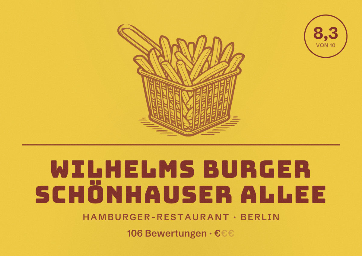 Illustriertes Poster von Wilhelms Burger Schönhauser allee, Hamburger-Restaurant in Berlin: Bewertung 8,3 von 10 aus 106 Bewertungen, Preisniveau €