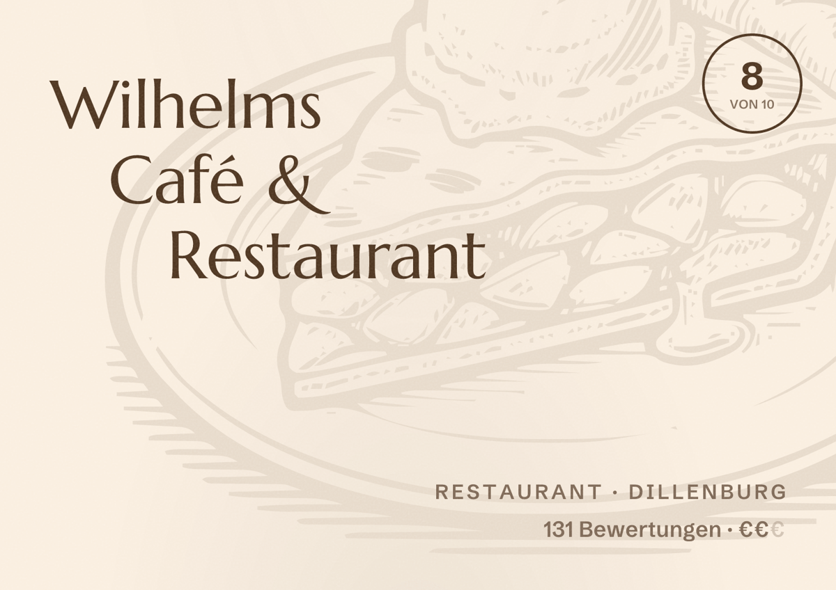 Illustriertes Poster von Wilhelms Café & Restaurant, Restaurant in Dillenburg: Bewertung 8 von 10 aus 131 Bewertungen, Preisniveau €€