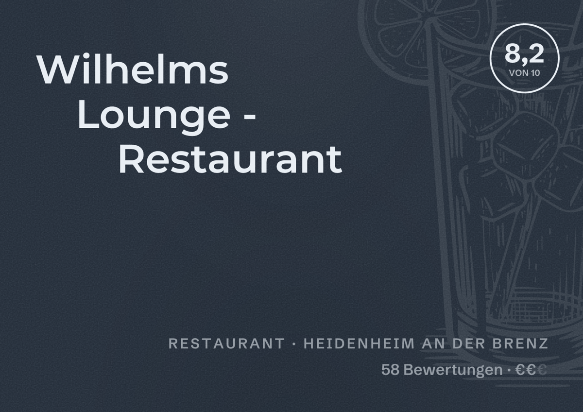 Illustriertes Poster von Wilhelms Lounge - Restaurant, Restaurant in Heidenheim an der Brenz: Bewertung 8,2 von 10 aus 58 Bewertungen, Preisniveau €€