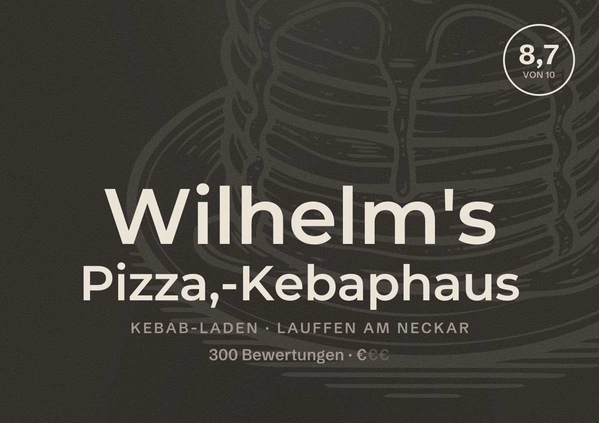 Illustriertes Poster von Wilhelm's Pizza,-Kebaphaus, Kebab-Laden in Lauffen am Neckar: Bewertung 8,7 von 10 aus 300 Bewertungen, Preisniveau €