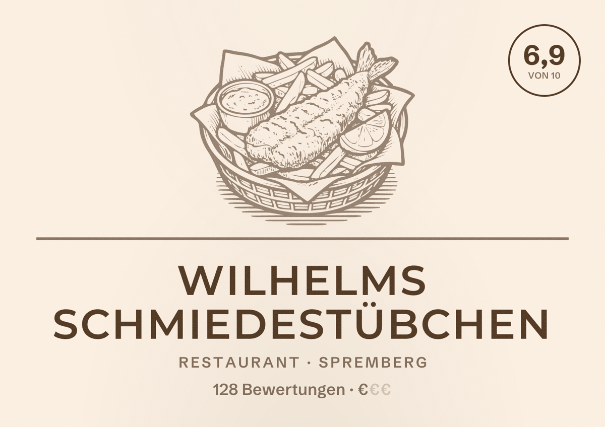 Illustriertes Poster von Wilhelms Schmiedestübchen, Restaurant in Spremberg: Bewertung 6,9 von 10 aus 128 Bewertungen, Preisniveau €