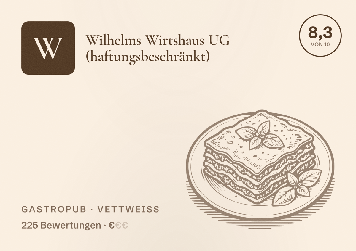 Illustriertes Poster von Wilhelms Wirtshaus UG (haftungsbeschränkt), Gastropub in Vettweiß: Bewertung 8,3 von 10 aus 225 Bewertungen, Preisniveau €