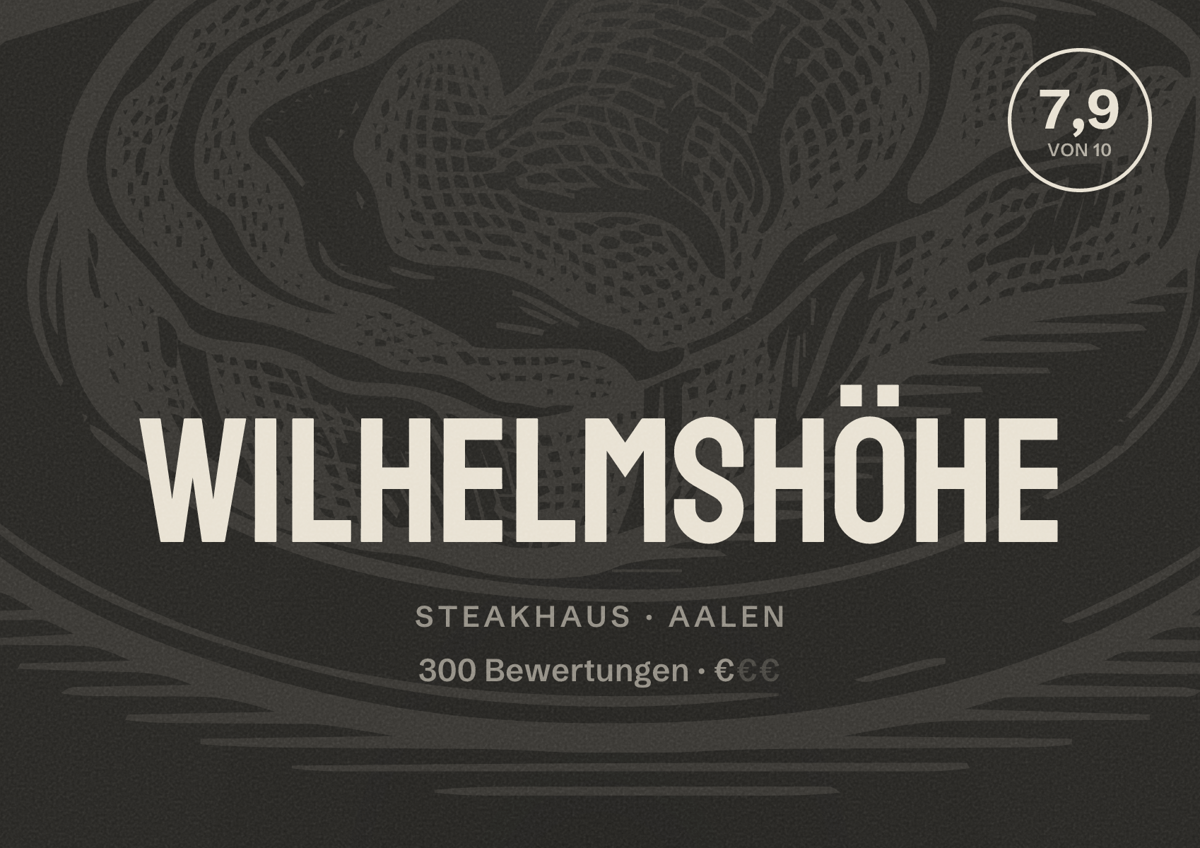 Illustriertes Poster von Wilhelmshöhe, Steakhaus in Aalen: Bewertung 7,9 von 10 aus 300 Bewertungen, Preisniveau €