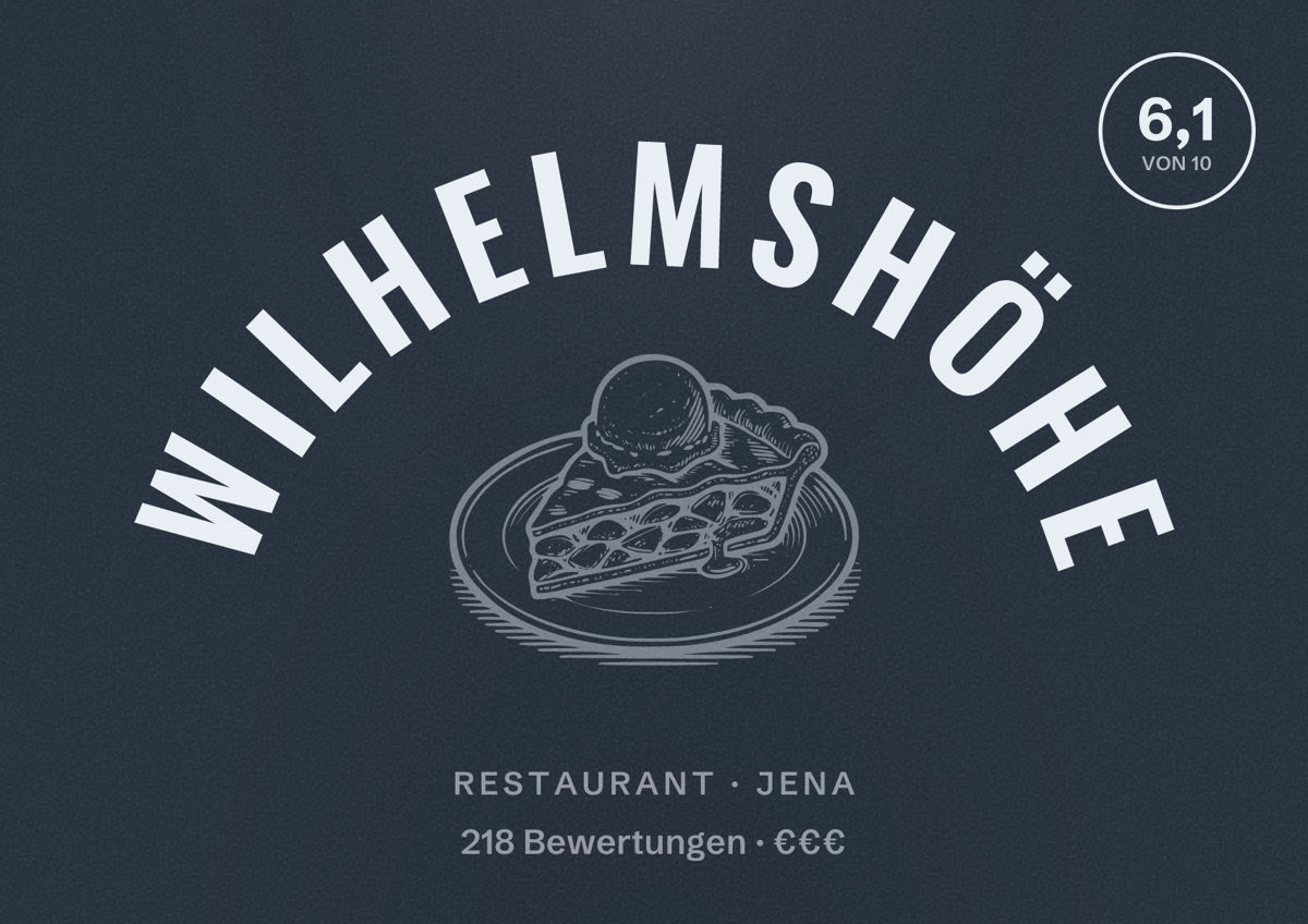 Illustriertes Poster von Wilhelmshöhe, Restaurant in Jena: Bewertung 6,1 von 10 aus 218 Bewertungen, Preisniveau €€€