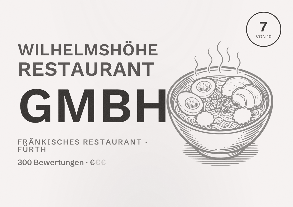 Illustriertes Poster von Wilhelmshöhe Restaurant GmbH, Fränkisches Restaurant in Fürth: Bewertung 7 von 10 aus 300 Bewertungen, Preisniveau €