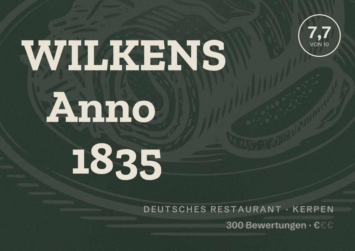 Illustriertes Poster von WILKENS Anno 1835, Deutsches Restaurant in Kerpen: Bewertung 7,7 von 10 aus 300 Bewertungen, Preisniveau €