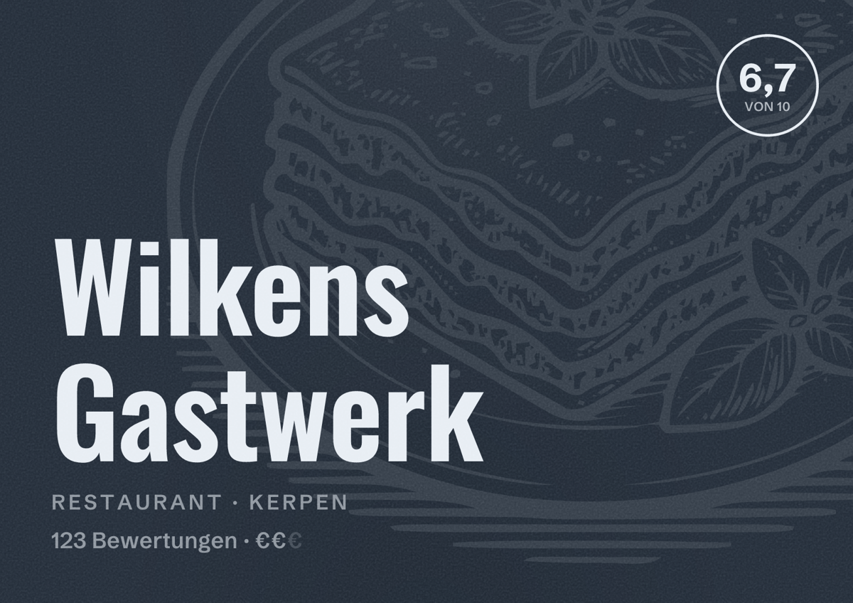 Illustriertes Poster von Wilkens Gastwerk, Restaurant in Kerpen: Bewertung 6,7 von 10 aus 123 Bewertungen, Preisniveau €€