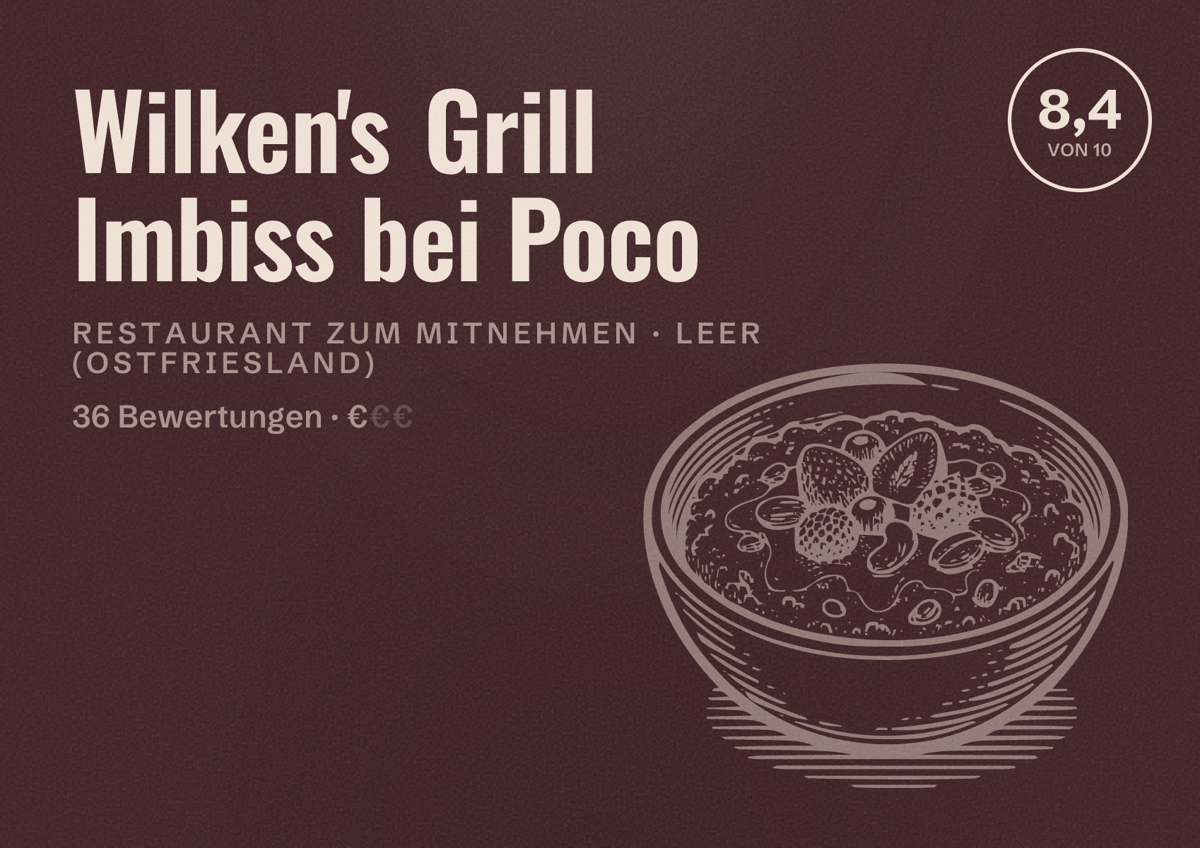 Illustriertes Poster von Wilken's Grill Imbiss bei Poco, Restaurant zum Mitnehmen in Leer (Ostfriesland): Bewertung 8,4 von 10 aus 36 Bewertungen, Preisniveau €