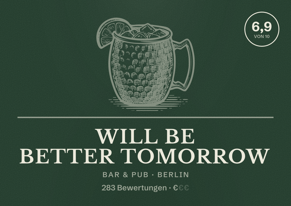 Illustriertes Poster von will be better tomorrow, Bar & Pub in Berlin: Bewertung 6,9 von 10 aus 283 Bewertungen, Preisniveau €