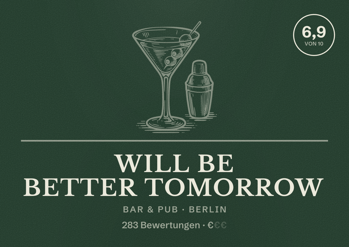 Illustriertes Poster von will be better tomorrow, Bar & Pub in Berlin: Bewertung 6,9 von 10 aus 283 Bewertungen, Preisniveau €