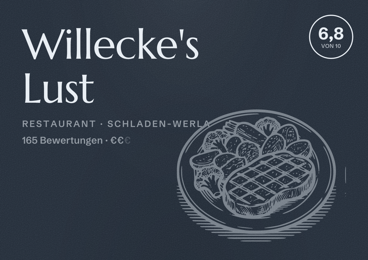 Illustriertes Poster von Willecke's Lust, Restaurant in Schladen-Werla: Bewertung 6,8 von 10 aus 165 Bewertungen, Preisniveau €€