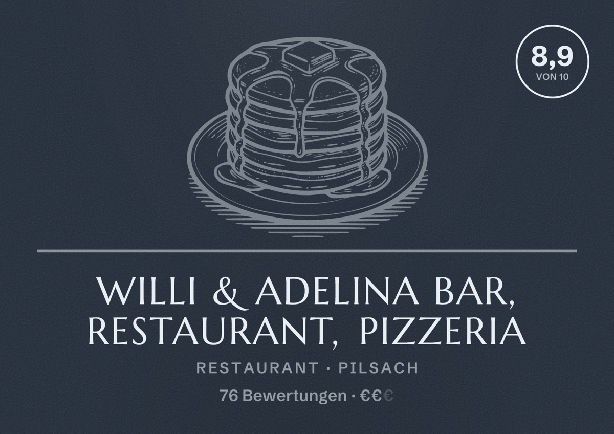 Illustriertes Poster von Willi & Adelina Bar, Restaurant, Pizzeria, Restaurant in Pilsach: Bewertung 8,9 von 10 aus 76 Bewertungen, Preisniveau €€