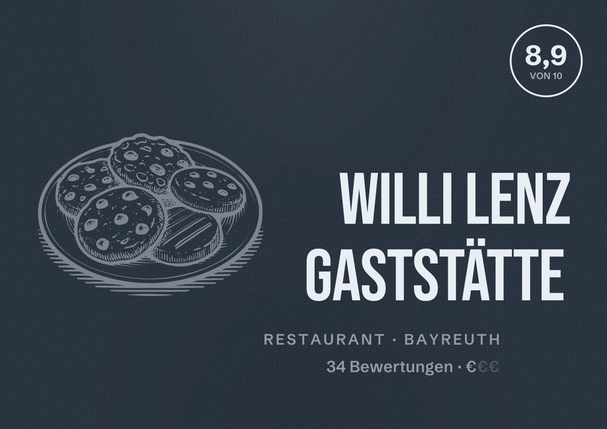 Illustriertes Poster von Willi Lenz Gaststätte, Restaurant in Bayreuth: Bewertung 8,9 von 10 aus 34 Bewertungen, Preisniveau €