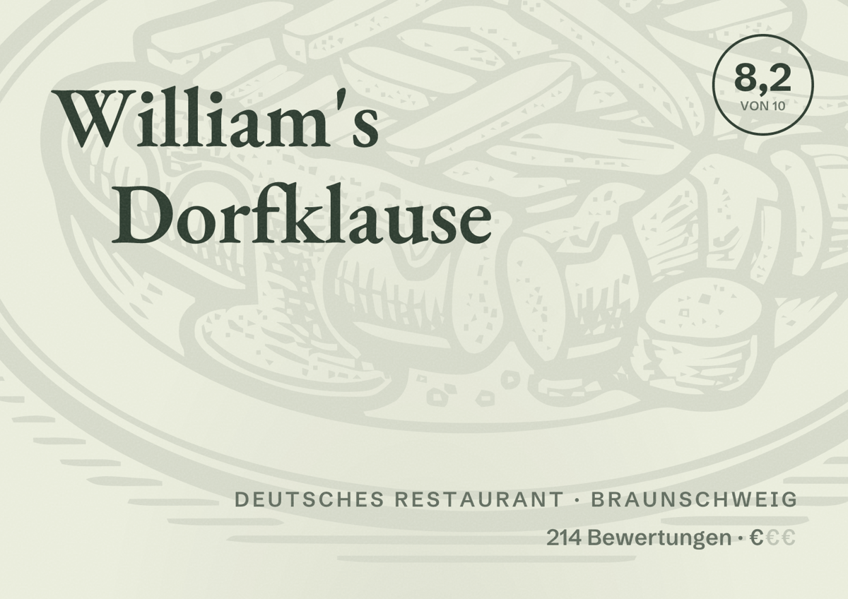 Illustriertes Poster von William's Dorfklause, Deutsches Restaurant in Braunschweig: Bewertung 8,2 von 10 aus 214 Bewertungen, Preisniveau €