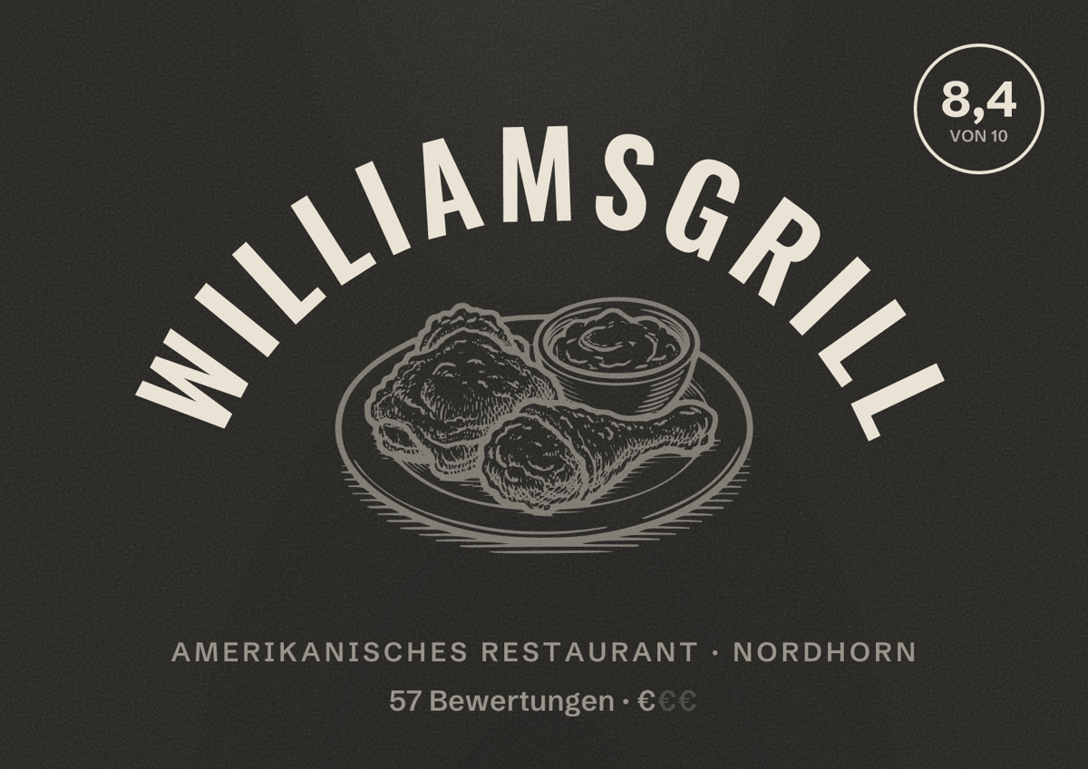 Illustriertes Poster von WilliamsGrill, Amerikanisches Restaurant in Nordhorn: Bewertung 8,4 von 10 aus 57 Bewertungen, Preisniveau €