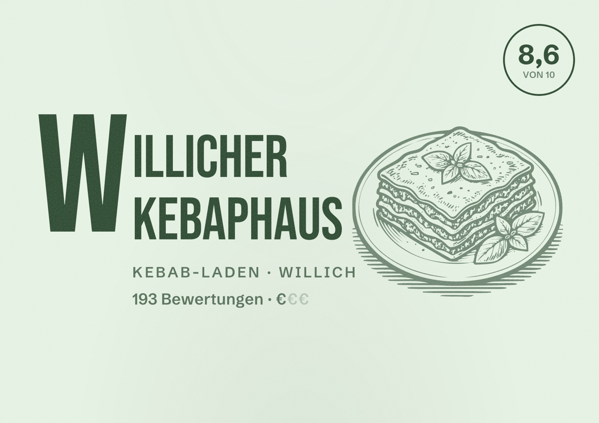 Illustriertes Poster von Willicher Kebaphaus, Kebab-Laden in Willich: Bewertung 8,6 von 10 aus 193 Bewertungen, Preisniveau €